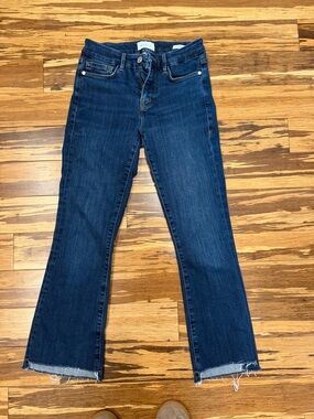 Frame Denim Dark Blue Flare Jeans with Raw Hem